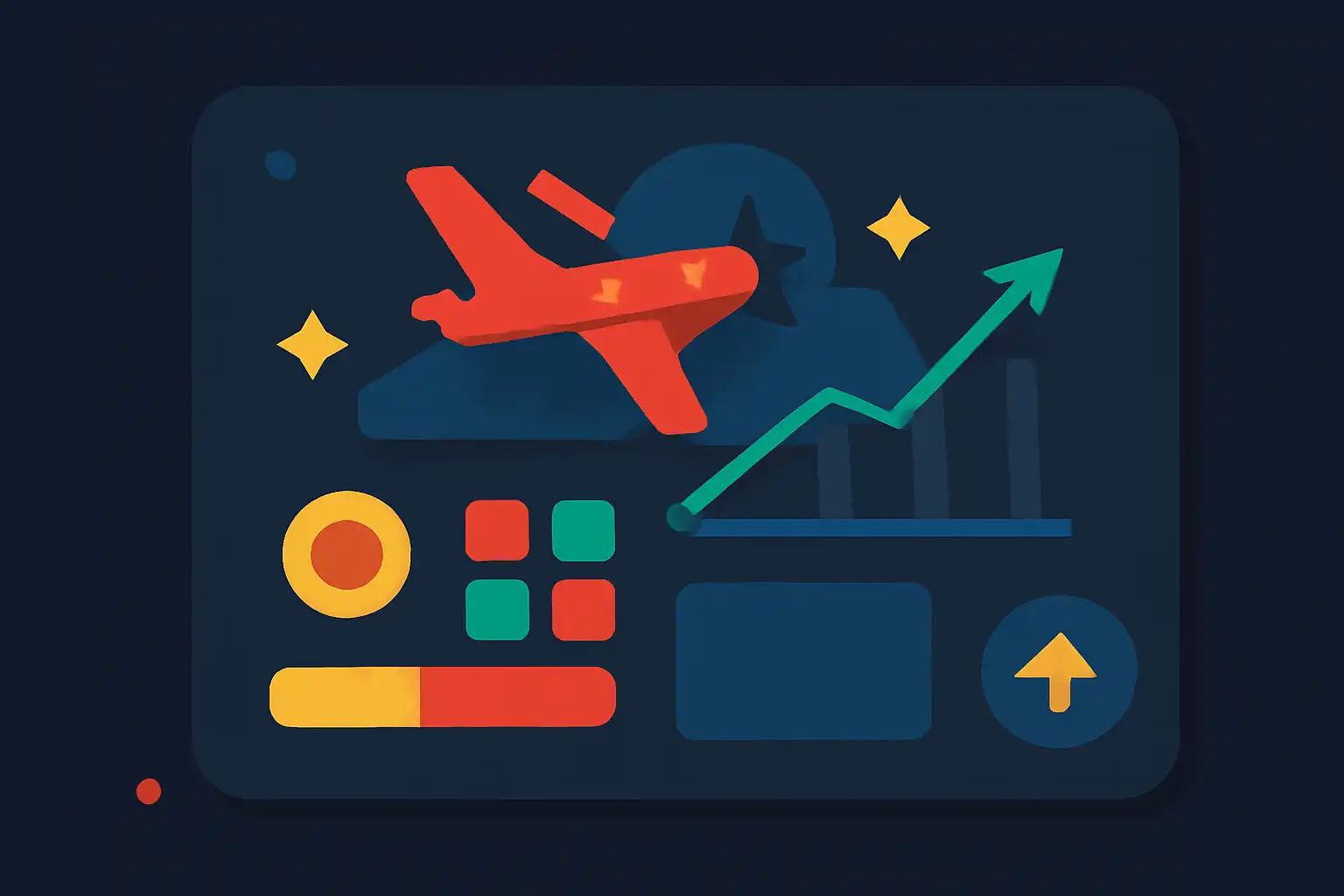 Hero illustration: Aviator Game, modern flat design, dark background, brand-neutral, icons and shapes only, no text