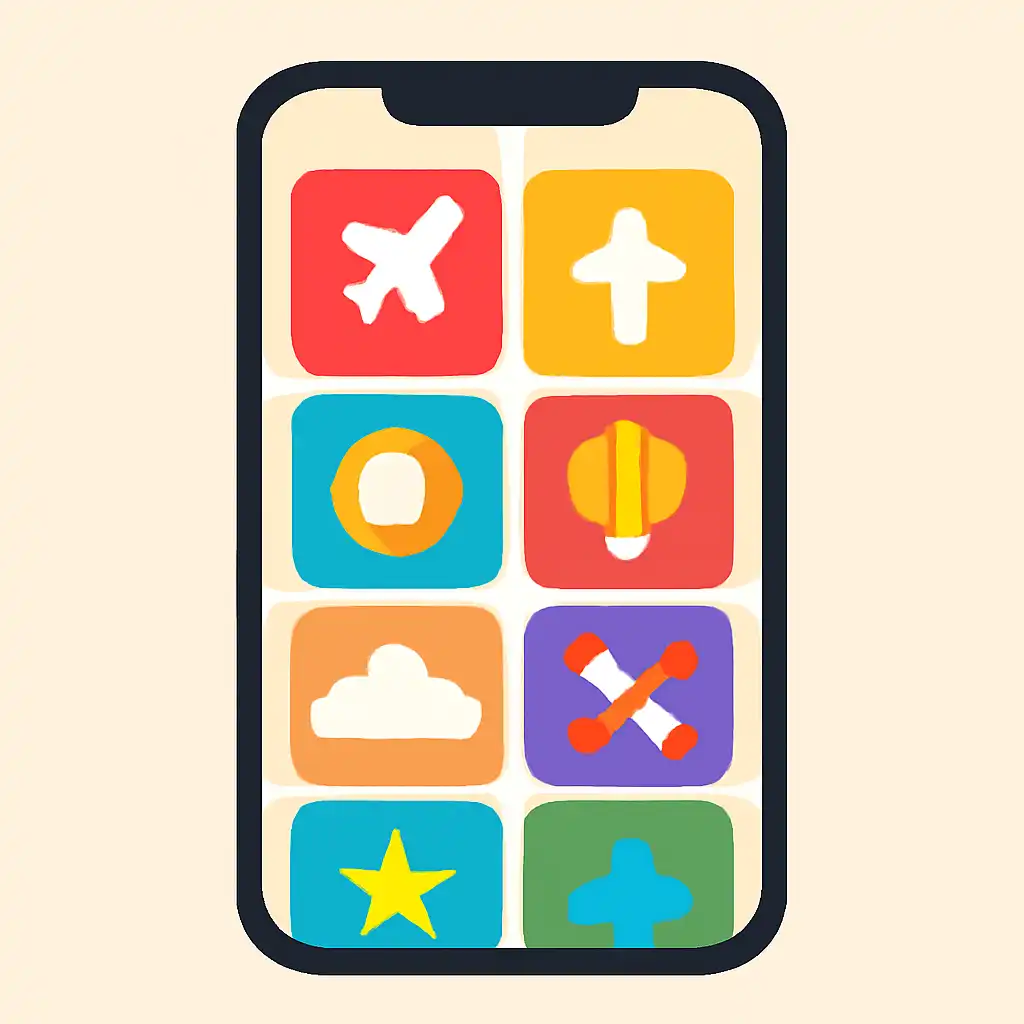 Smartphone shown from the front displaying a colourful flat layout of abstract game icons and rounded tiles (no text, no letters, no labels), Aviator Game