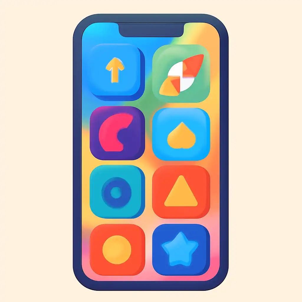 Smartphone shown from the front displaying a colourful flat layout of abstract game icons and rounded tiles (no text, no letters, no labels), How Aviator Predictor Works