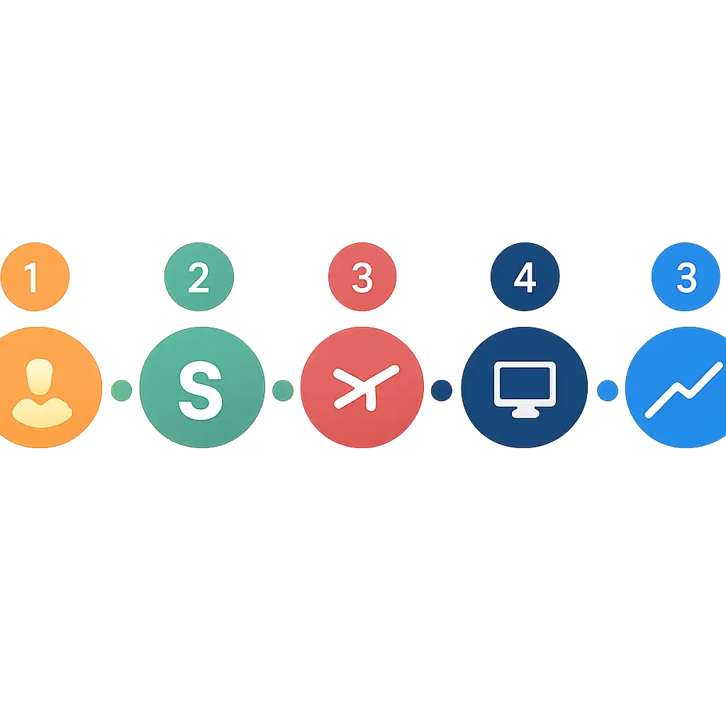 Five numbered circular icons connected by arrows in a horizontal flow, flat illustration, icons only, no words, How Aviator Predictor Works steps