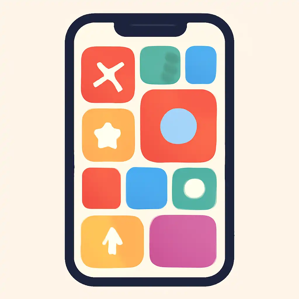 Smartphone shown from the front displaying a colourful flat layout of abstract game icons and rounded tiles (no text, no letters, no labels), How Aviator Works