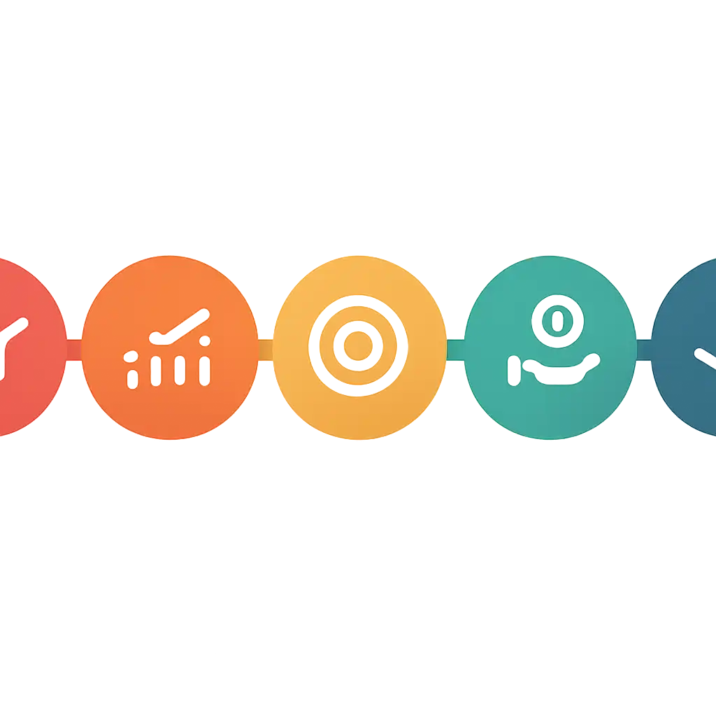 Five numbered circular icons connected by arrows in a horizontal flow, flat illustration, icons only, no words, How Aviator Works steps