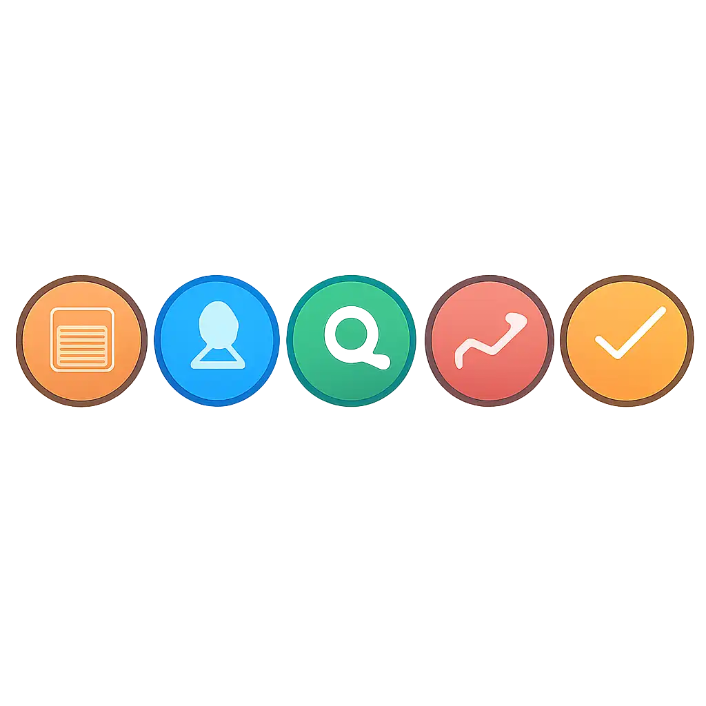 Five numbered circular icons connected by arrows in a horizontal flow, flat illustration, icons only, no words, How Crazy Time Works steps
