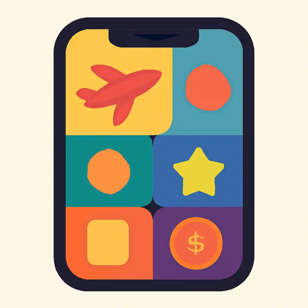 Smartphone shown from the front displaying a colourful flat layout of abstract game icons and rounded tiles (no text, no letters, no labels), How Chicken Road Works