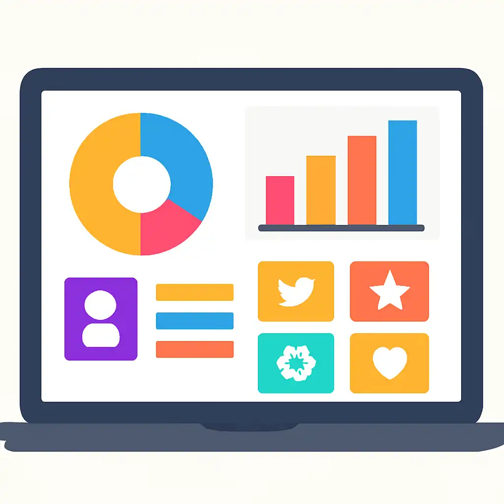 Laptop shown from the front displaying a colourful flat dashboard of abstract charts, bars and icon tiles (no text, no letters, no labels), How Chicken Road Works