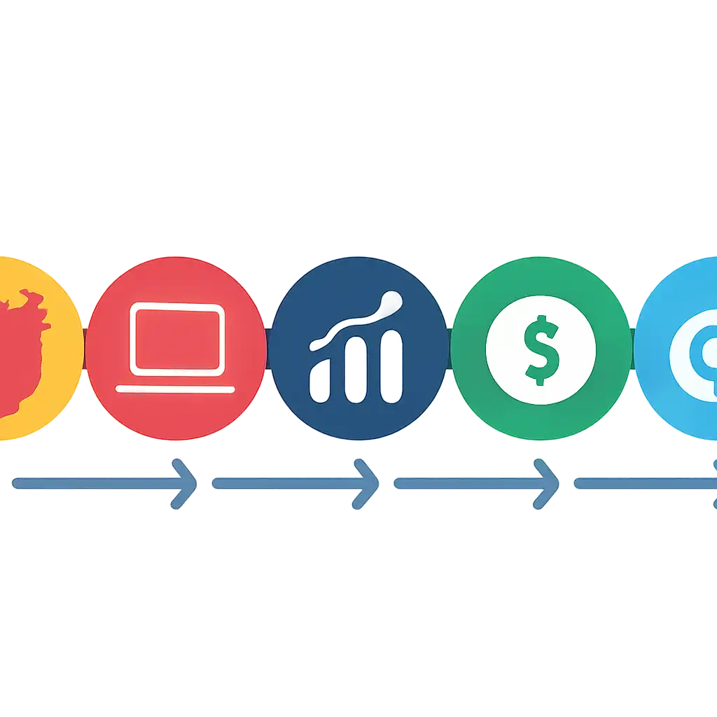 Five numbered circular icons connected by arrows in a horizontal flow, flat illustration, icons only, no words, How Chicken Road Works steps