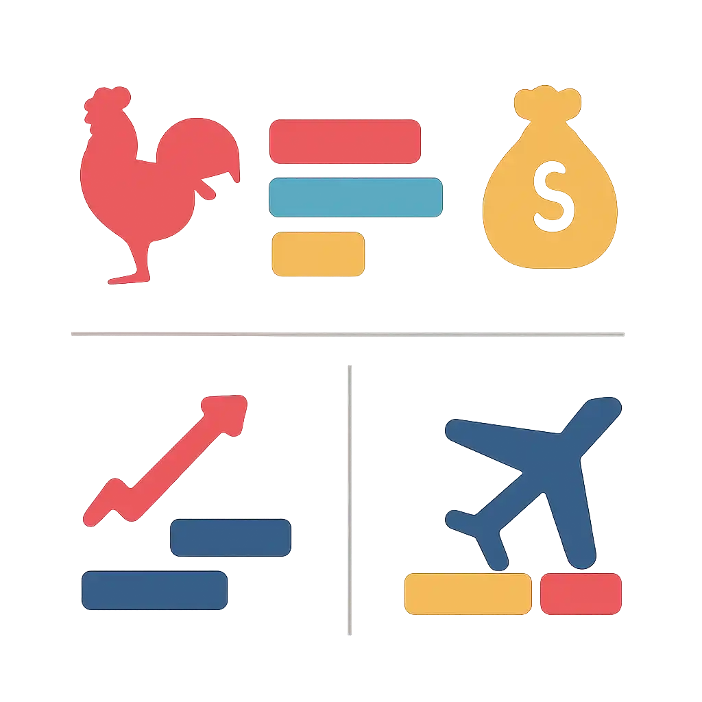 Infographic comparing options using coloured bars and icons only, no text or labels, flat design, How Chicken Road Works