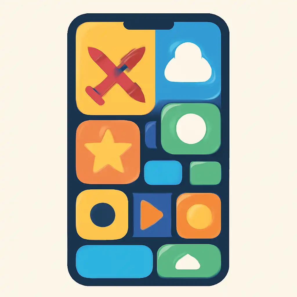 Smartphone shown from the front displaying a colourful flat layout of abstract game icons and rounded tiles (no text, no letters, no labels), How Funky Time Works