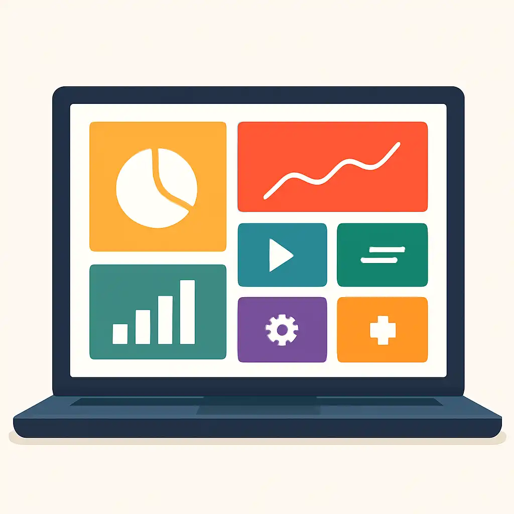 Laptop shown from the front displaying a colourful flat dashboard of abstract charts, bars and icon tiles (no text, no letters, no labels), How Funky Time Works