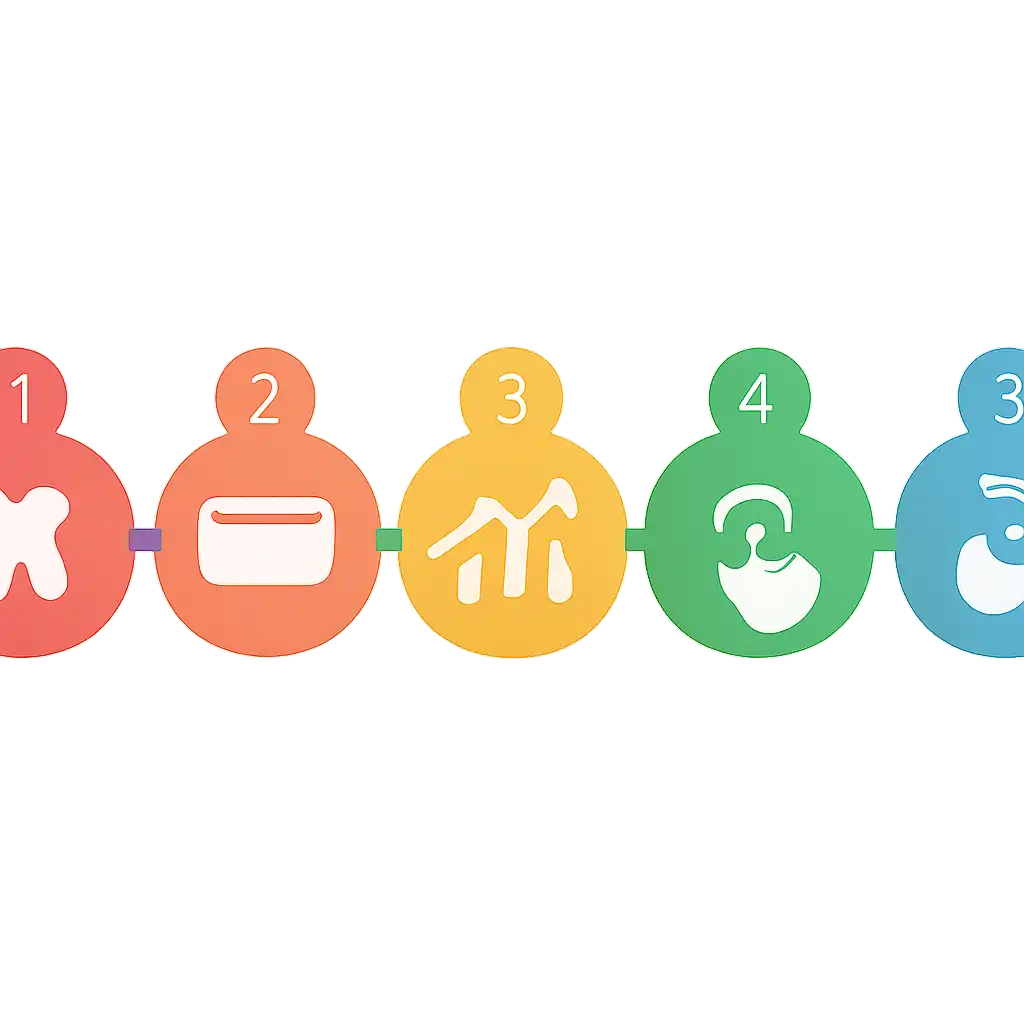 Five numbered circular icons connected by arrows in a horizontal flow, flat illustration, icons only, no words, How Funky Time Works steps